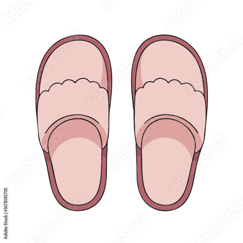 A cozy pair of soft-colored slippers are depicted in a clean 2D flat vector illustration, presented simply and isolated on a bright white background.
