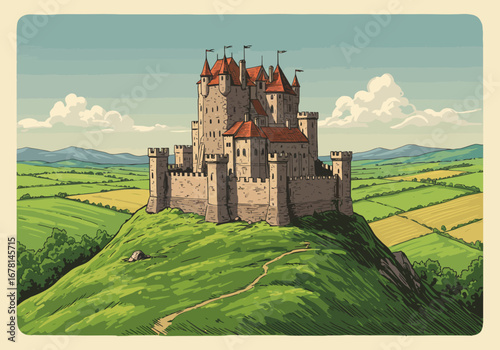 Stone castle atop a green hill with red rooftops  flags Fields mountains  cloudy sky visible behind the castle