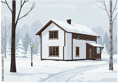 Winter landscape with a white and brown house covered in snow a lamppost and trees