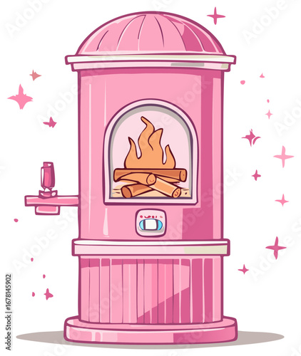 Charming pink freestanding fireplace with a cozy glowing fire and decorative sparkling elements