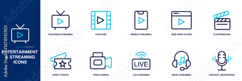 Entertainment and Streaming Blue Colored Outline Icon Set