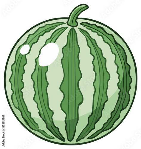 Cartoon whole watermelon with green stripes and stem vector illustration