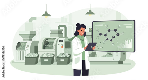 Scientist conducting research with laboratory equipment, modern data display
