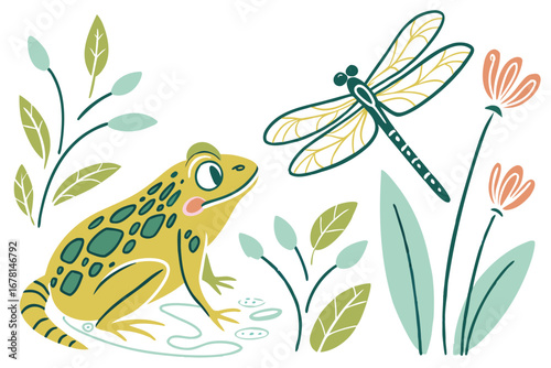 Delightful Frog with Dragonfly Vector