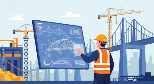 Engineer using digital blueprints for modern bridge construction technology