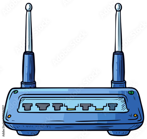 Blue wireless router with two antennas and multiple ethernet ports