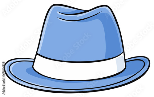 Stylish Light Blue Fedora Hat with White Band, Classic Headwear for Men and Women, Vintage Fashion Icon in Clean Vector Style