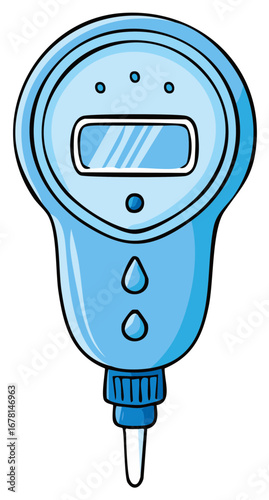 Illustrated light blue plant moisture meter with screen and water drops