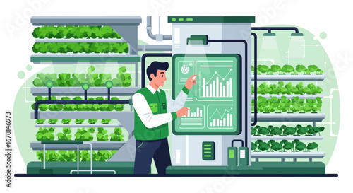 Agritech innovation: Man analyzing data in indoor vertical farming facility