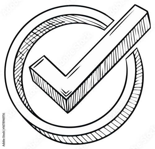 Doodle Style Check Mark in Circle Affirmative Symbol Black and White Sketch Isolated