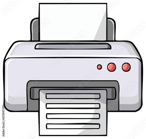 Cartoon printer machine with paper showing the printing process illustration