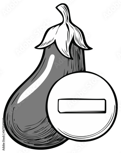 Stylized drawing of an eggplant with a minus symbol for reduction or subtraction.