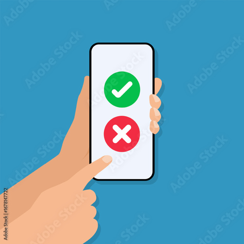 Hand holding smartphone with green check mark and red cross button on screen. Vector illustration for decision making, voting, approval, mobile app interface.