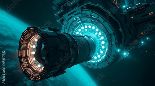 Fototapeta Naklejka Na Ścianę i Meble -  Futuristic Interstellar Cargo Freighter Docking at Orbital Space Station