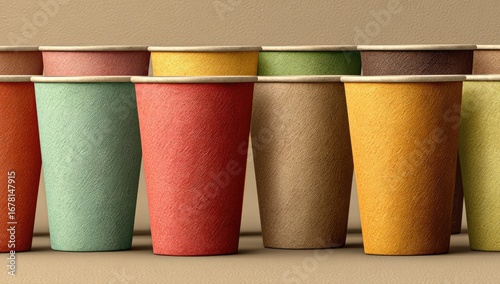 Row of colorful disposable paper cups (2)
