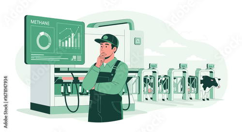 Dairy farm methane monitoring system operator analyzing environmental data