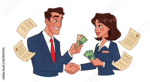 Professional Business People Shaking Hands and Exchanging Money After Successful Deal Completion
