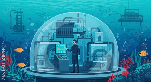 Underwater Habitat Research Station with Diver Operating Control System Within the Ocean