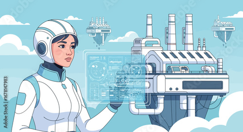 Futuristic Engineer Interacting with Floating Factories' Interface Technology