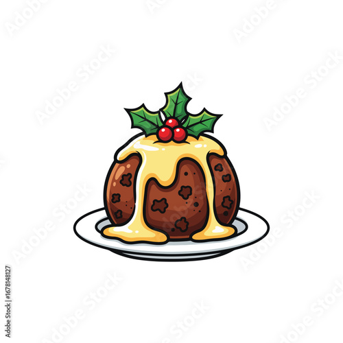 A cartoon Christmas pudding, drizzled with custard, garnished with holly.