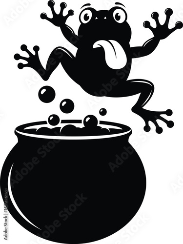 Funny cartoon frog leaping out of a bubbling cauldron silhouette