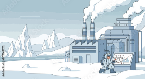 Arctic researcher monitoring climate data amidst industrial presence near icebergs