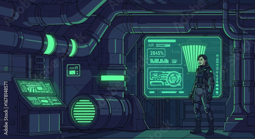 Sci-Fi Interior with Technician and Illuminated Displays in a Futuristic Environment