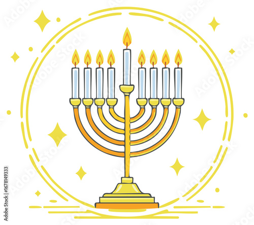 Cartoon Menorah Illustration with Burning Candles and Stars Against a White Background for Celebration or Festival