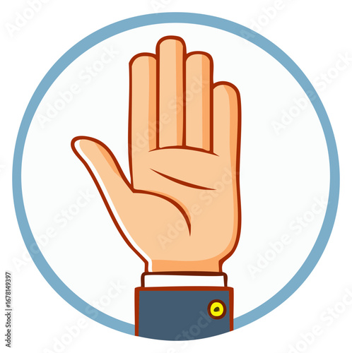 Cartoon hand raised in a stop gesture with a suit sleeve, inside a blue circle