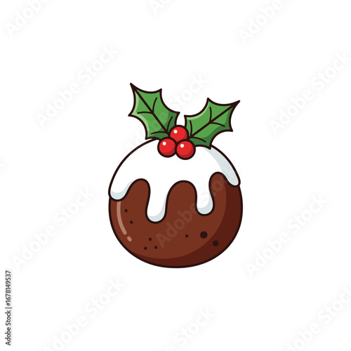A festive illustration of a traditional Christmas pudding decorated with holly berries.
