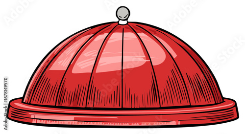 Vector illustration of red cloche dish with glossy surface and decorative details.