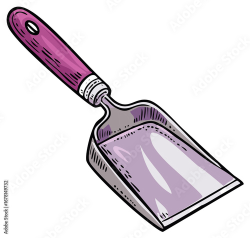 Illustrated purple dustpan tool isolated on white, hand-drawn art