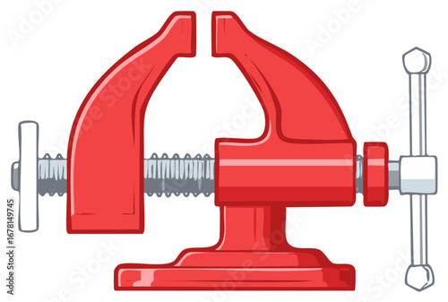 Illustration of a Red Colored Metal Bench Vise with Gray Screw for Holding Items Securely