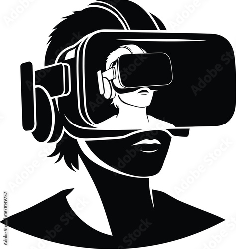 Person wearing VR headset, virtual reality experience, digital world
