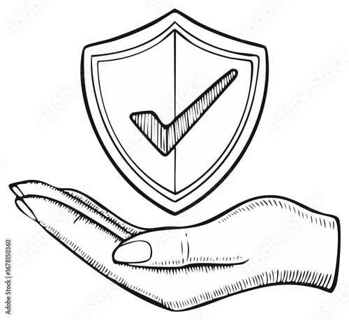 Hand holding up a shield with a checkmark, symbolizing security and protection