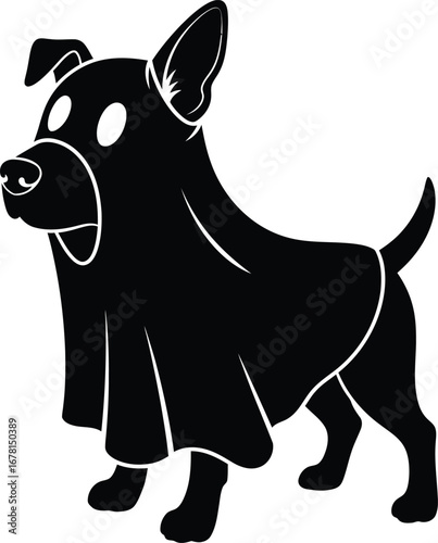 Cute dog wearing a ghost costume for halloween fun silhouette