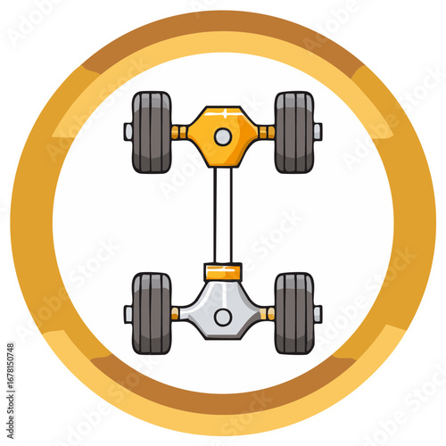 Automotive rear axle with wheels and suspension components illustrated inside a circular frame