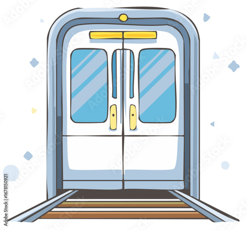 Cartoon Subway Train Doors Open on Tracks Transportation System Urban Travel