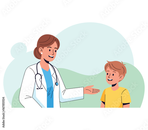 Doctor and Child: An illustration depicting a kind doctor engaging in a friendly consultation with a child, fostering a sense of trust and reassurance in a medical setting.