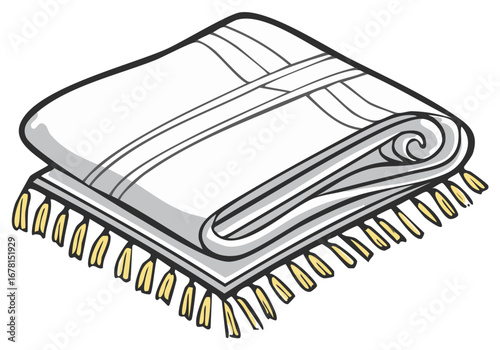 Isometric illustration of a white folded towel with a rolled edge and tassels