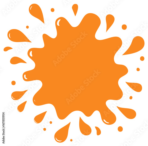 Vibrant orange paint splat with scattered ink droplets graphic design