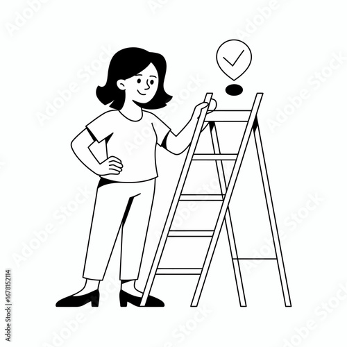A woman stands confidently next to a ladder, with a checkmark in a thought bubble above her head, symbolizing achievement or a completed task.