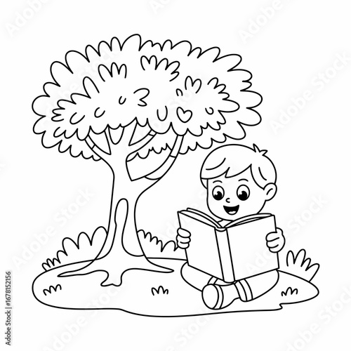 A happy boy sits under a tree, engrossed in reading a book.