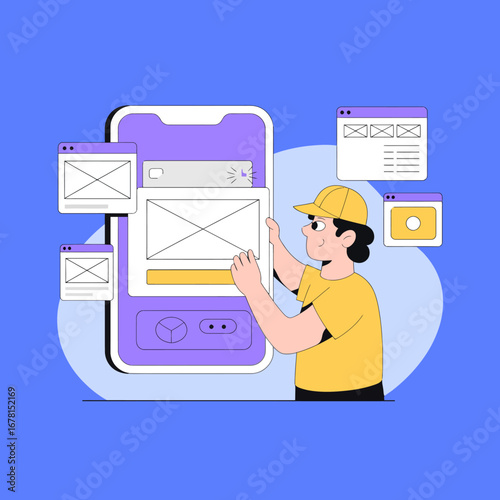 A person designing a mobile app interface and website layouts.