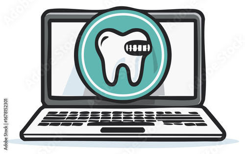 Online dental care illustration featuring a laptop with a tooth and braces symbol