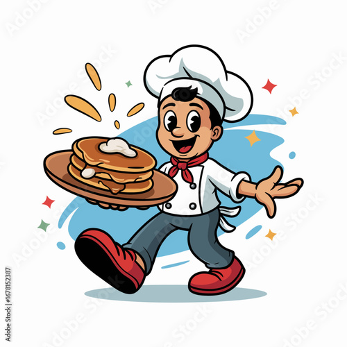 A cheerful cartoon chef carries a plate of pancakes.