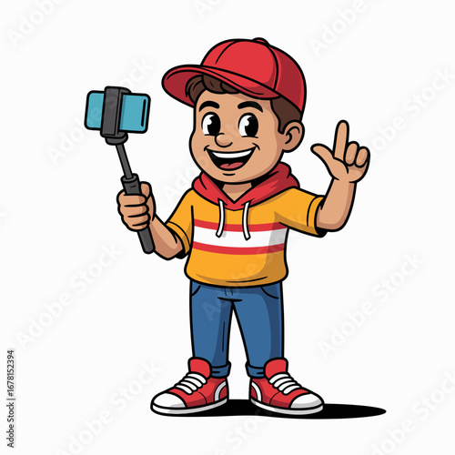 A young boy with a red cap and yellow hoodie is holding a selfie stick and recording a video.