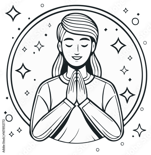 Meditating woman with closed eyes and hands in prayer surrounded by stars and a circle