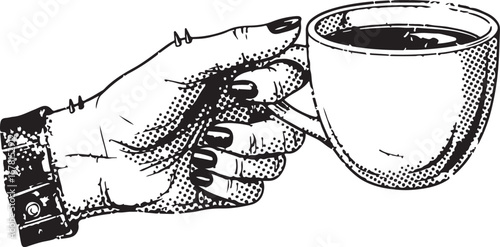 Woman's hand holding coffee cup halftone illustration