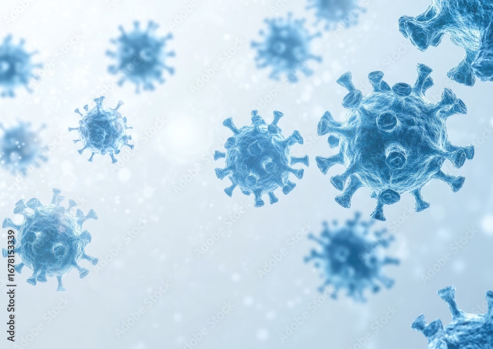Naklejka premium Multiple microscopic virus particles in a light blue background.